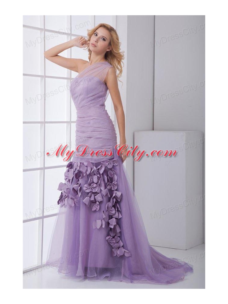 New One Shoulder Lilac Ruching Brush Train Organza Prom Dress with Side Zipper