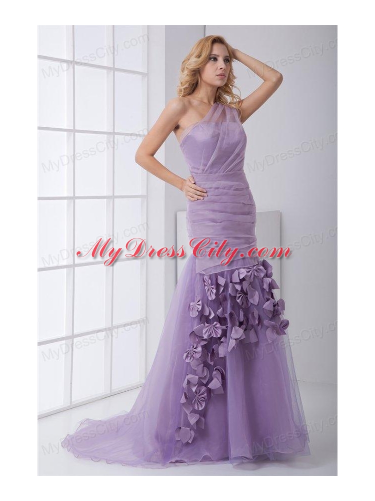 New One Shoulder Lilac Ruching Brush Train Organza Prom Dress with Side Zipper