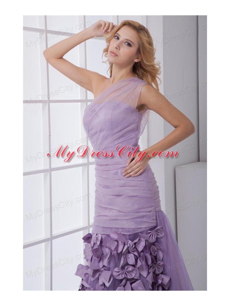 New One Shoulder Lilac Ruching Brush Train Organza Prom Dress with Side Zipper