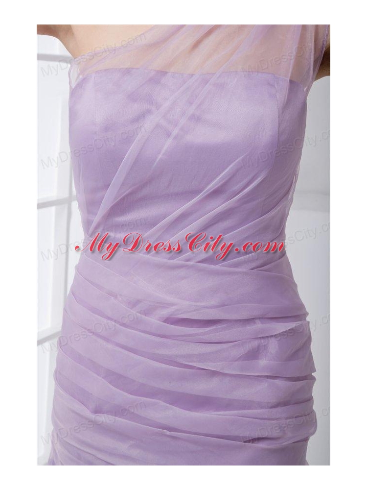 New One Shoulder Lilac Ruching Brush Train Organza Prom Dress with Side Zipper