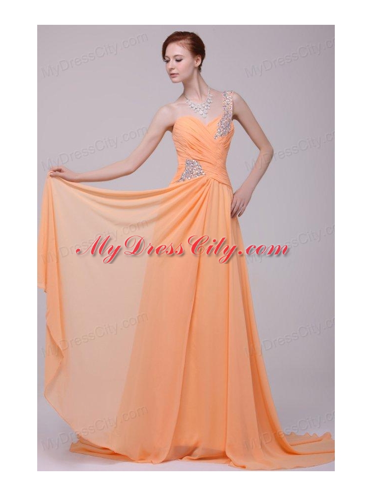 One Shoulder Chiffon Empire Rhinestone Decorate Prom Dress in Orange