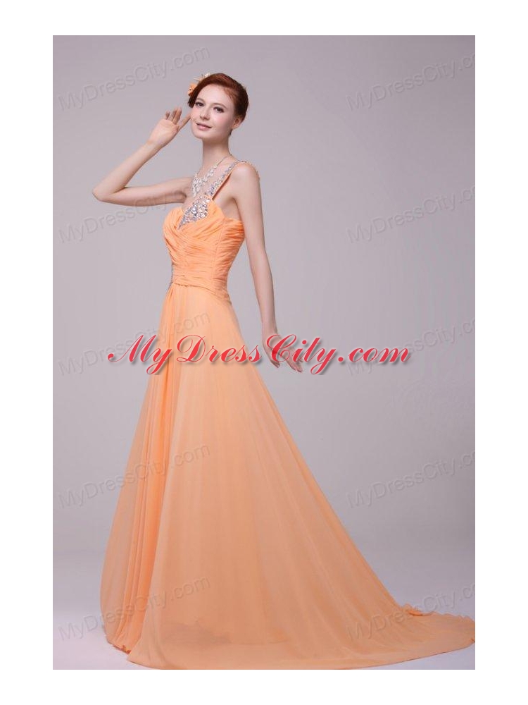 One Shoulder Chiffon Empire Rhinestone Decorate Prom Dress in Orange