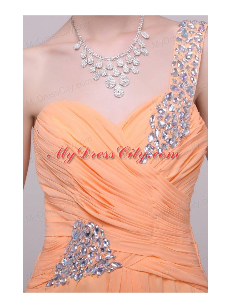 One Shoulder Chiffon Empire Rhinestone Decorate Prom Dress in Orange