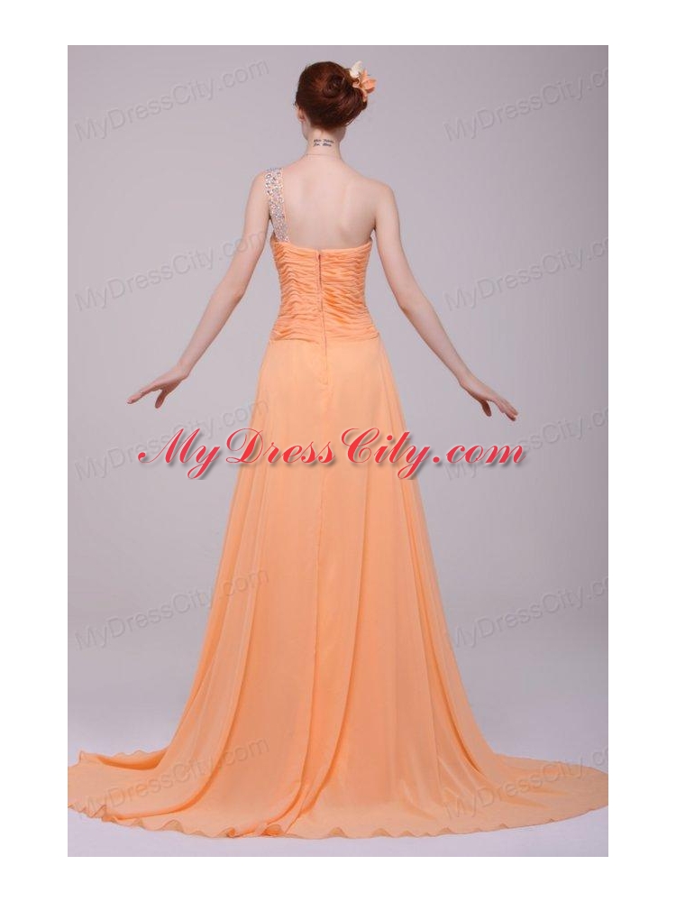 One Shoulder Chiffon Empire Rhinestone Decorate Prom Dress in Orange