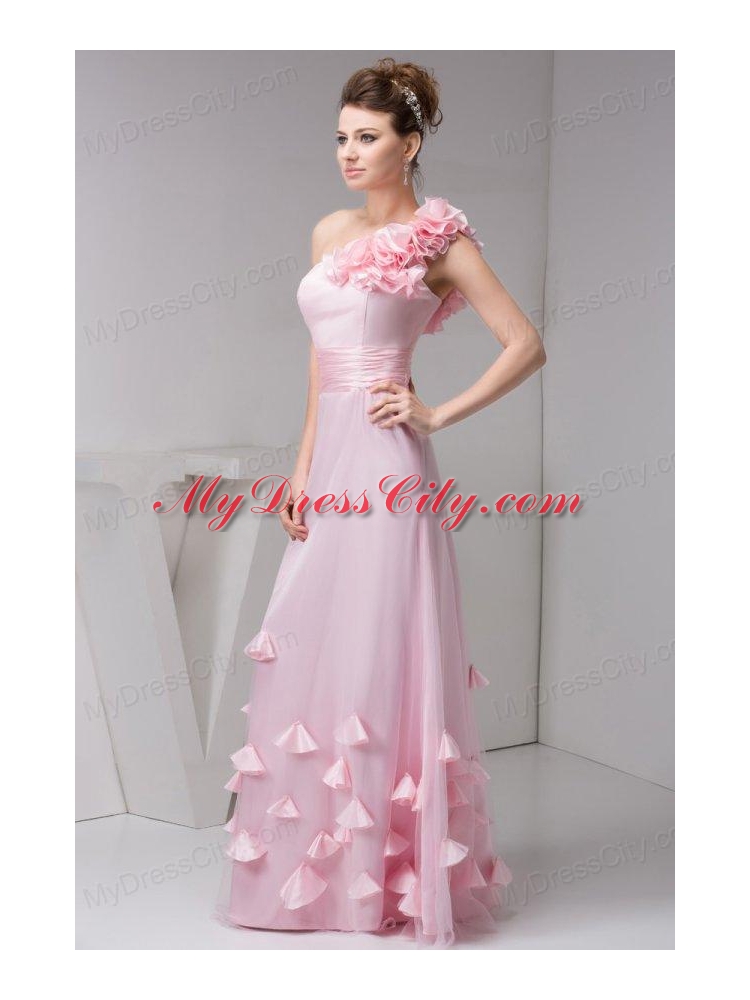 One Shoulder Floor-length Pink Organza Hand Made Flowers Prom Dress