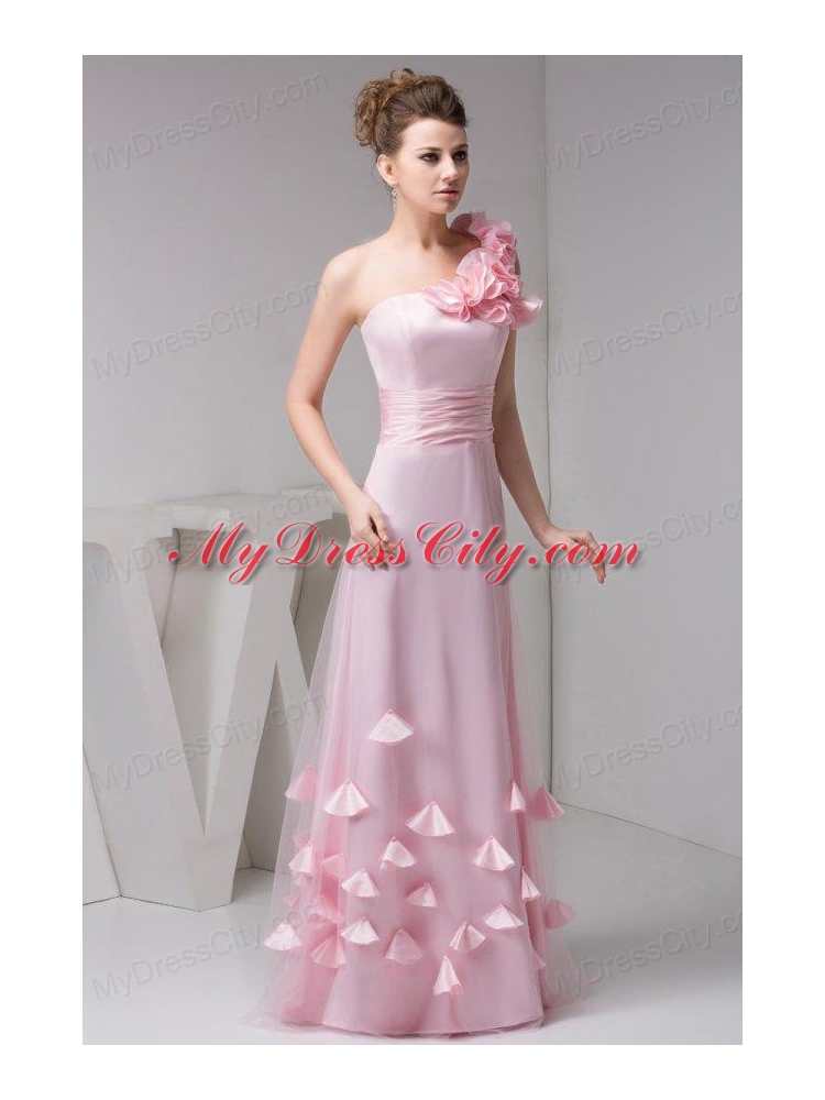 One Shoulder Floor-length Pink Organza Hand Made Flowers Prom Dress