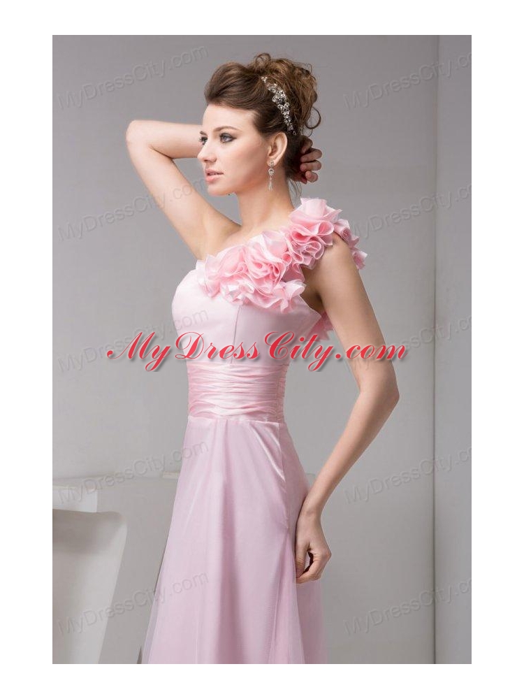 One Shoulder Floor-length Pink Organza Hand Made Flowers Prom Dress