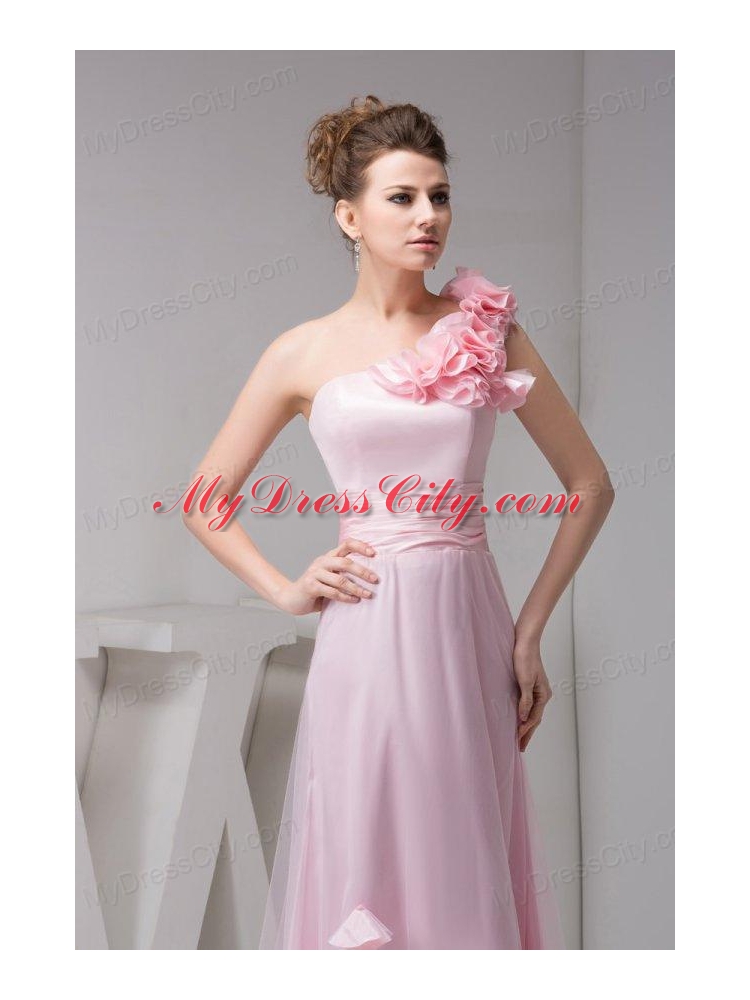 One Shoulder Floor-length Pink Organza Hand Made Flowers Prom Dress