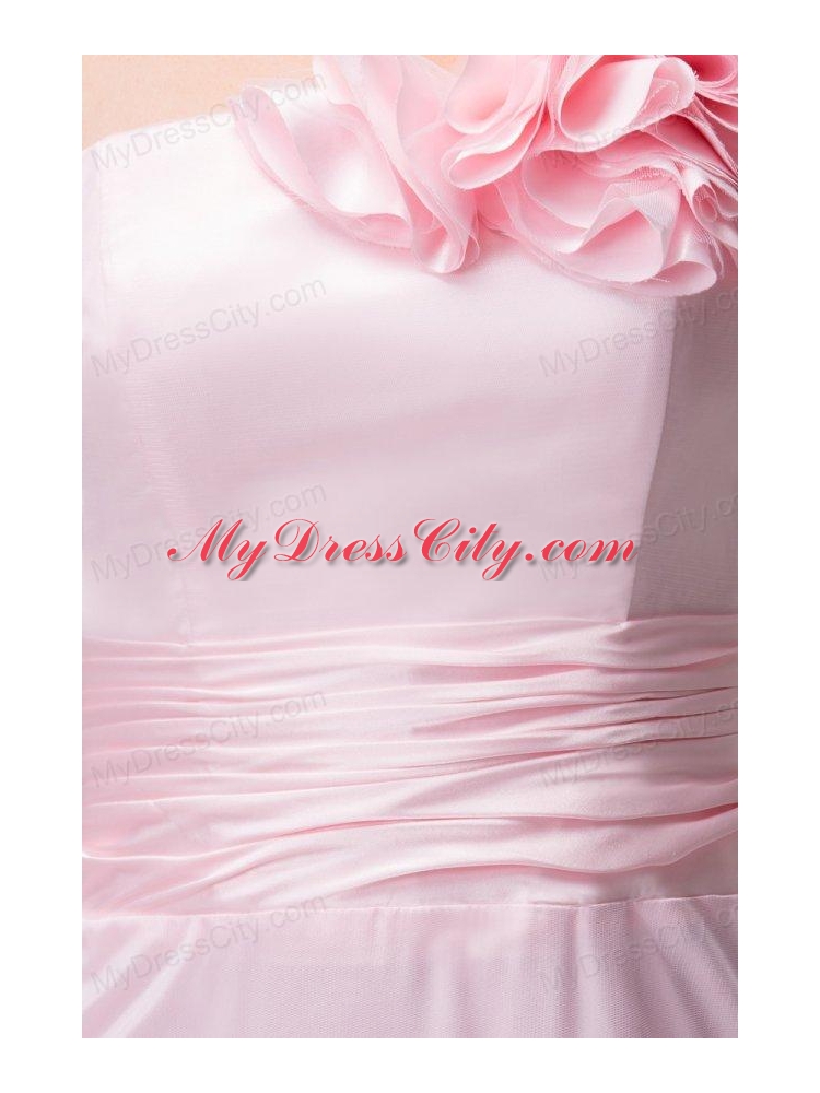 One Shoulder Floor-length Pink Organza Hand Made Flowers Prom Dress