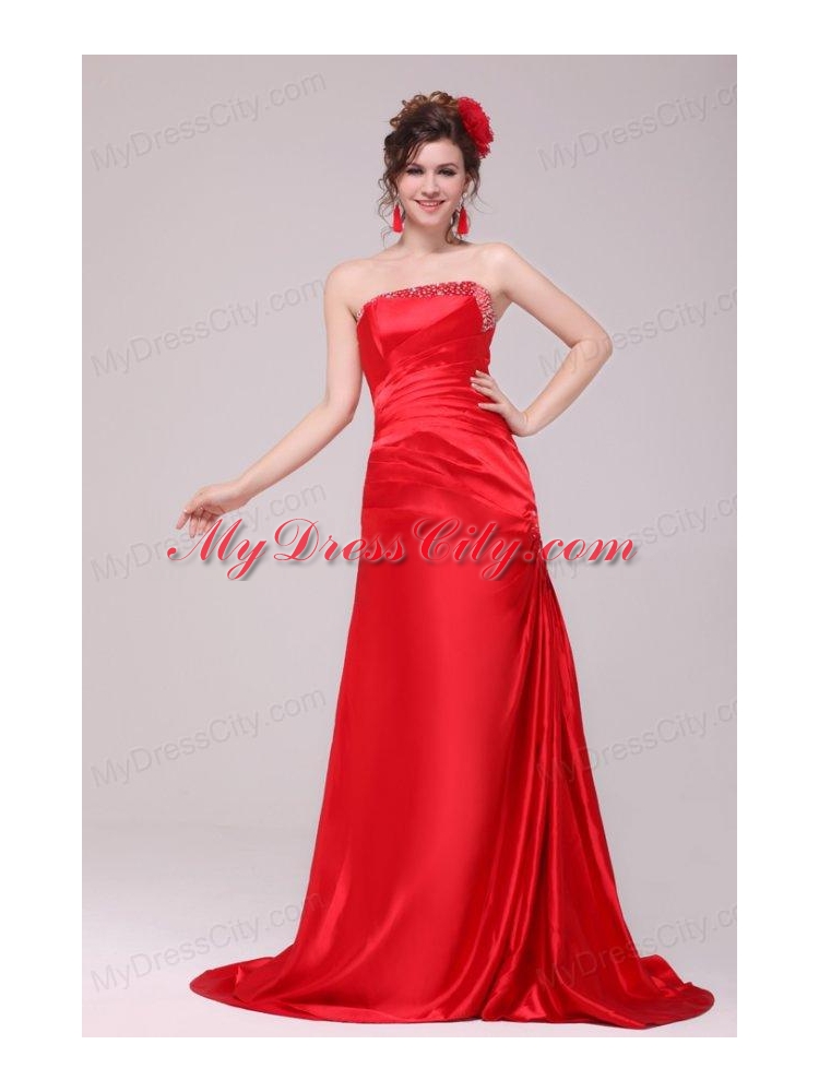 Perfect Column Strapless Brush Train Red Beading and Ruching Prom Dress