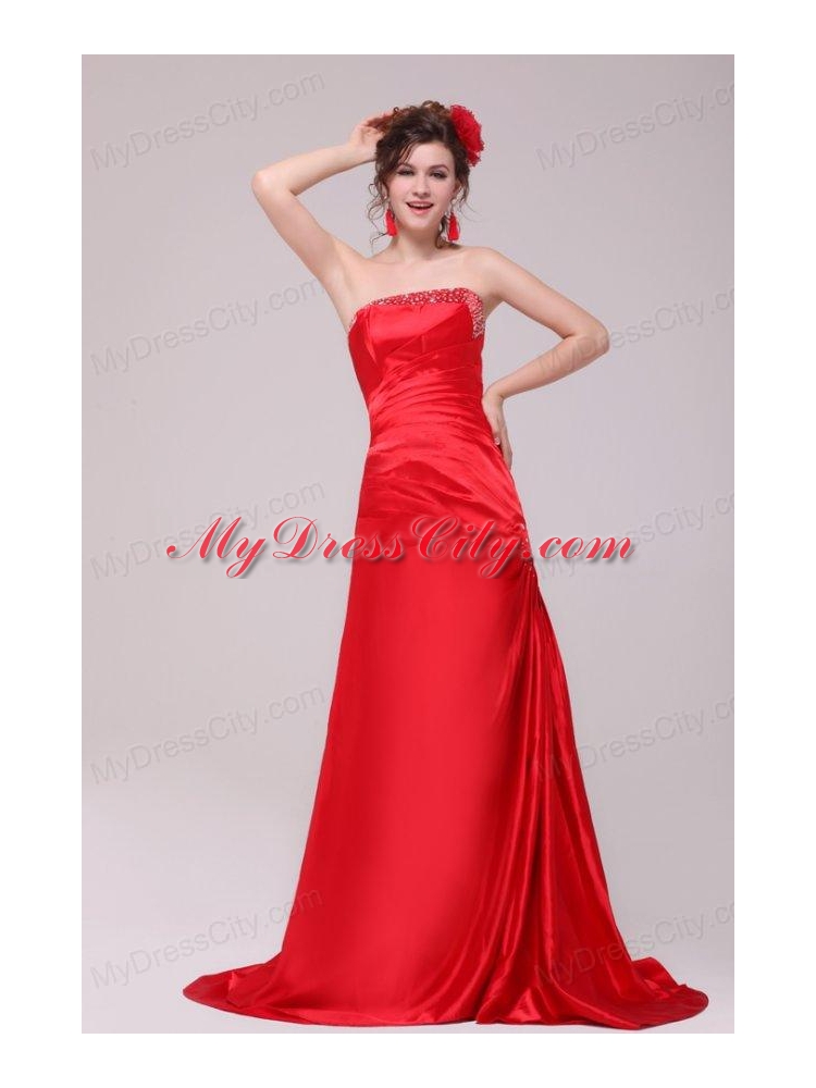 Perfect Column Strapless Brush Train Red Beading and Ruching Prom Dress