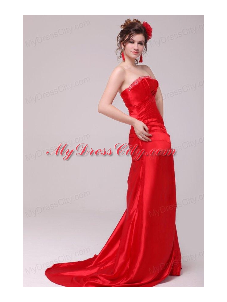 Perfect Column Strapless Brush Train Red Beading and Ruching Prom Dress