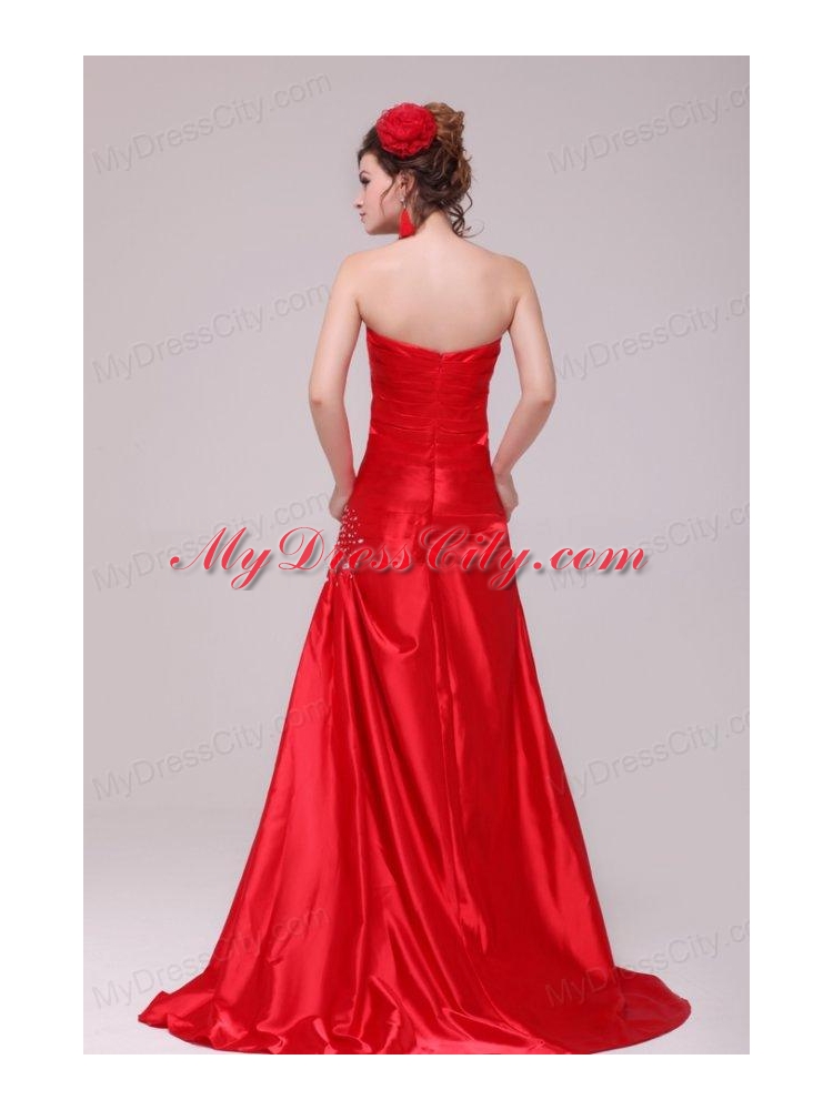 Perfect Column Strapless Brush Train Red Beading and Ruching Prom Dress