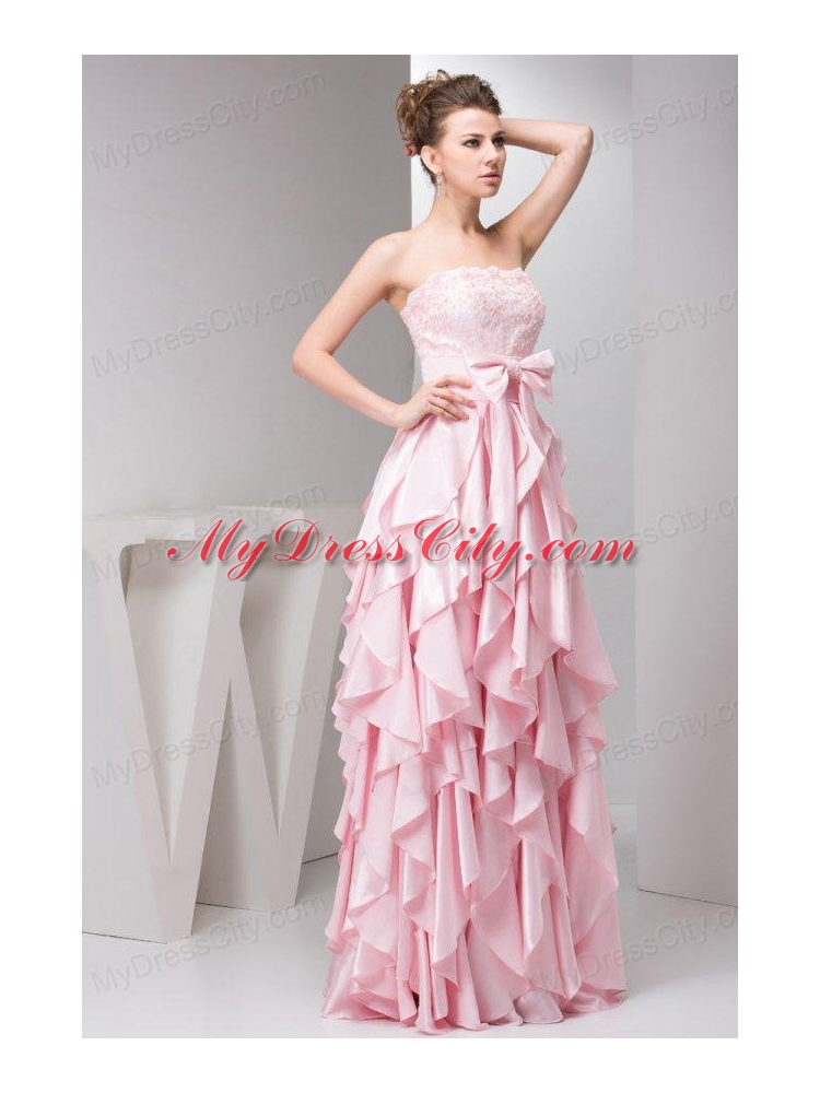 Pretty Empire Strapless Floor-length Taffeta Ruffles and Bowknot Pink Prom Dress