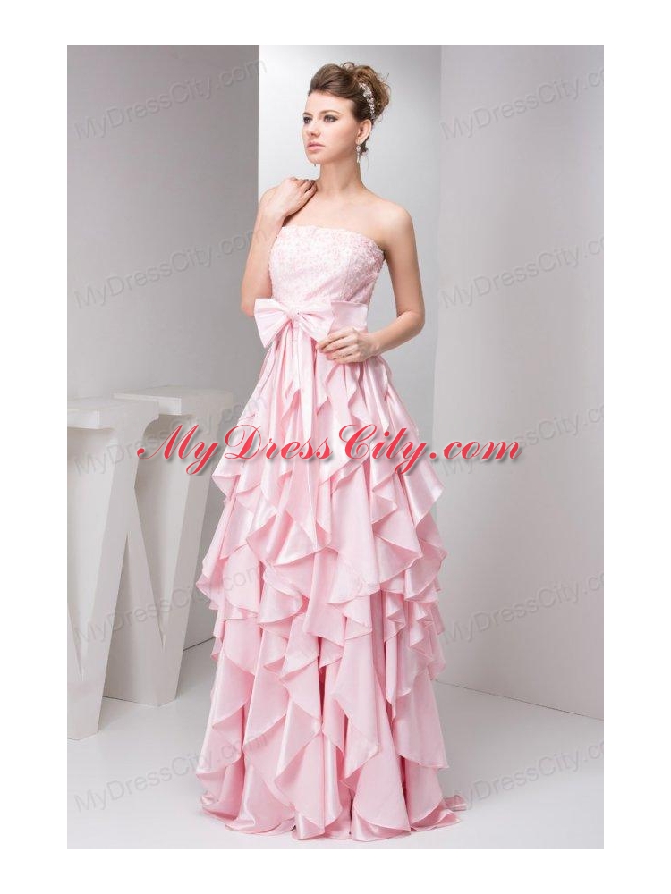 Pretty Empire Strapless Floor-length Taffeta Ruffles and Bowknot Pink Prom Dress