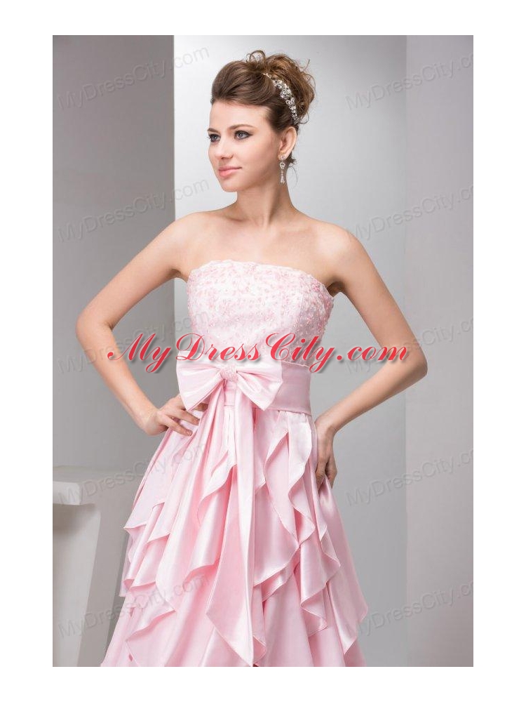 Pretty Empire Strapless Floor-length Taffeta Ruffles and Bowknot Pink Prom Dress