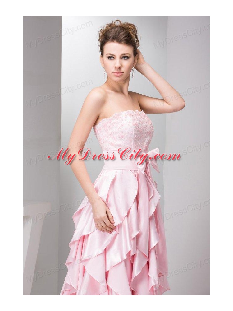 Pretty Empire Strapless Floor-length Taffeta Ruffles and Bowknot Pink Prom Dress