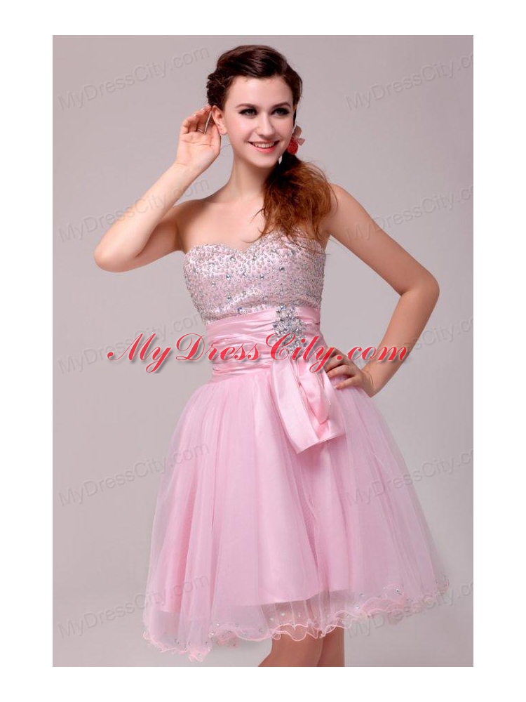 Princess Baby Pink Strapless Beading and Ruching Prom Dress