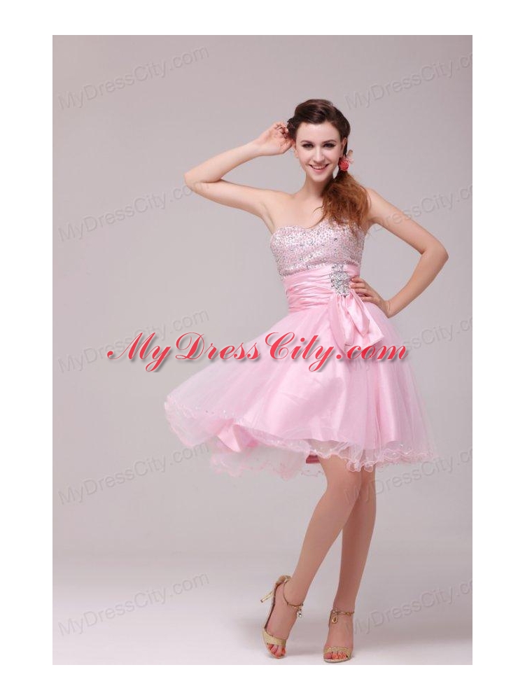 Princess Baby Pink Strapless Beading and Ruching Prom Dress