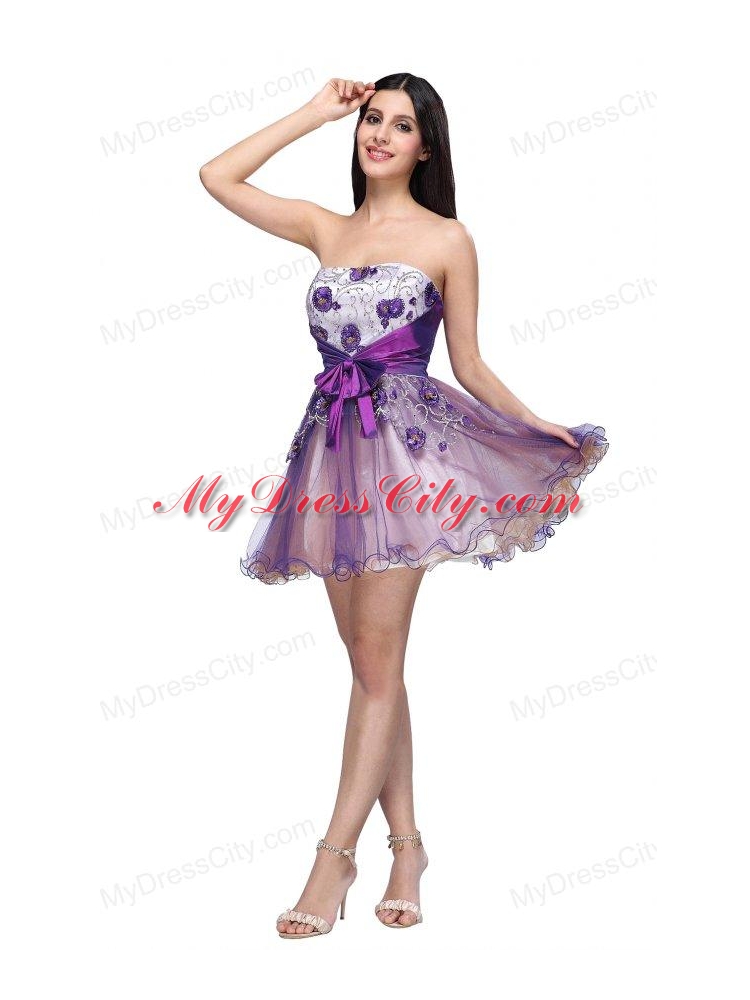 Princess Strapless Appliques Sash Organza Mini-length Prom Dress