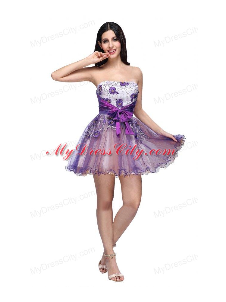 Princess Strapless Appliques Sash Organza Mini-length Prom Dress