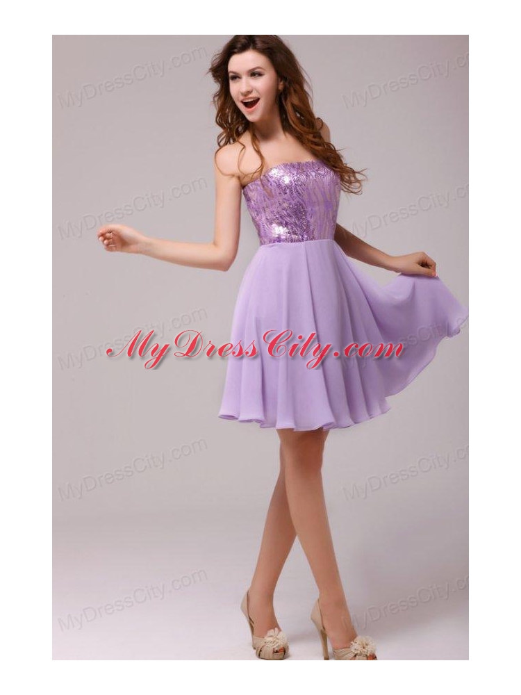 Purple Strapless Sequins Chiffon Knee-length Prom Dress