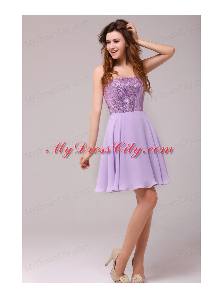 Purple Strapless Sequins Chiffon Knee-length Prom Dress