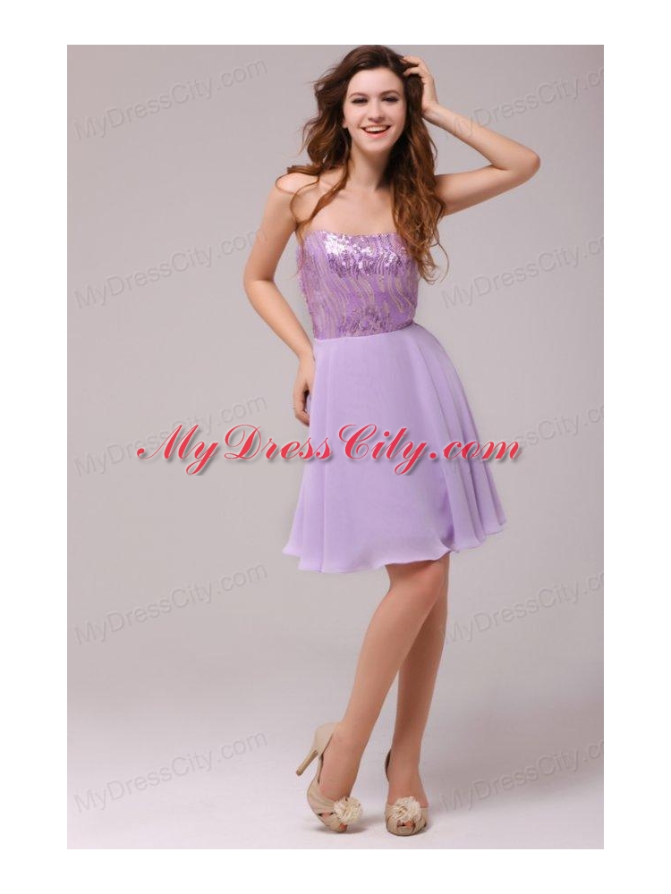 Purple Strapless Sequins Chiffon Knee-length Prom Dress