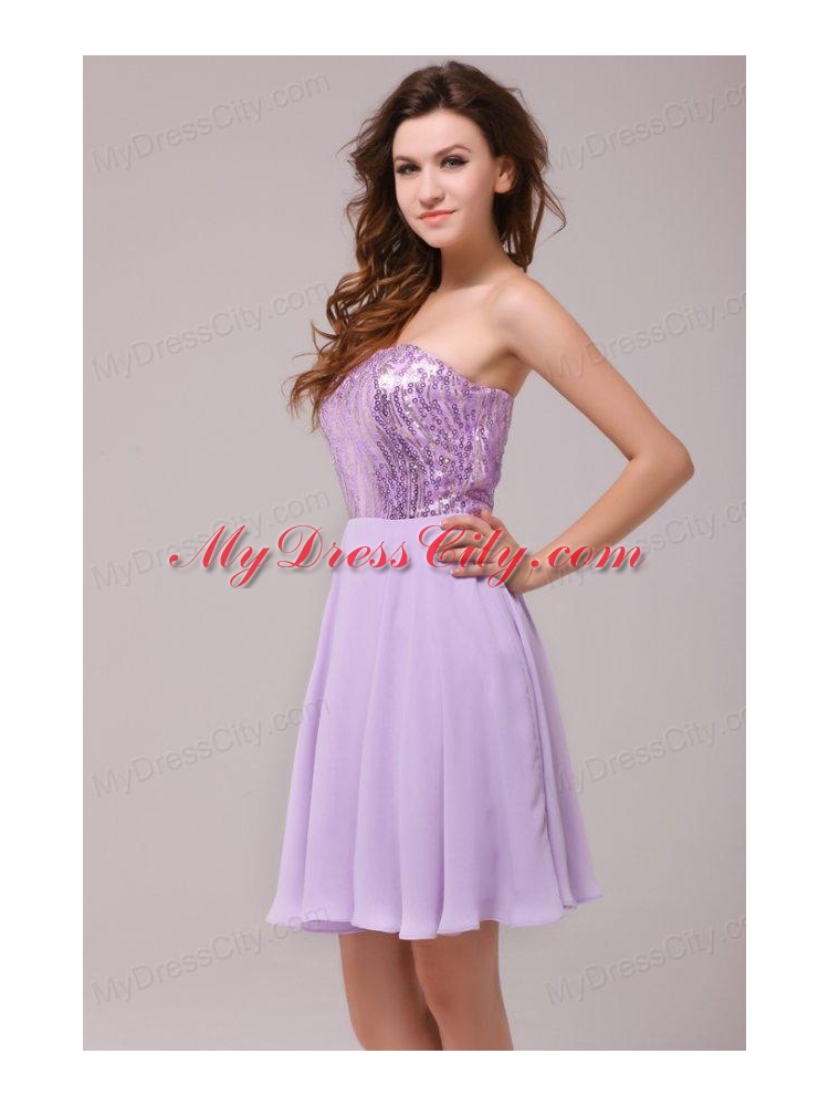 Purple Strapless Sequins Chiffon Knee-length Prom Dress