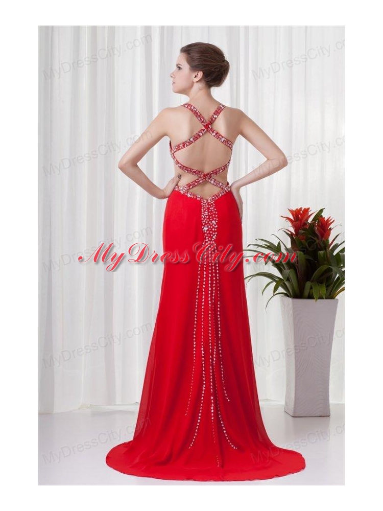 Red Column Straps Brush Train Chiffon Beading Criss Cross Prom Dress