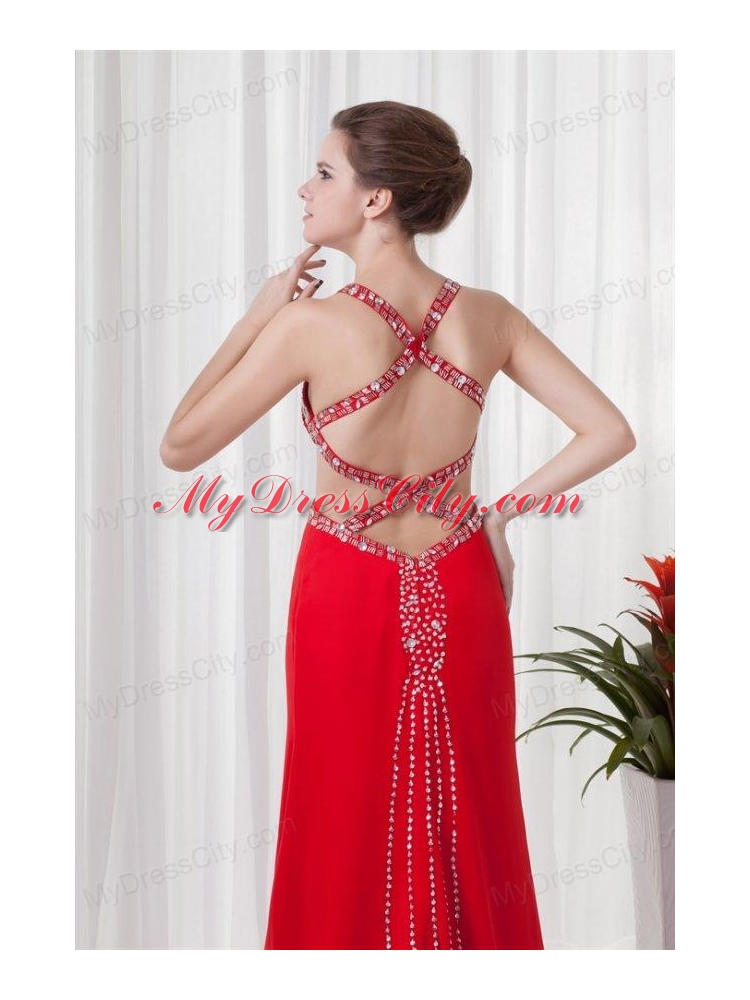 Red Column Straps Brush Train Chiffon Beading Criss Cross Prom Dress