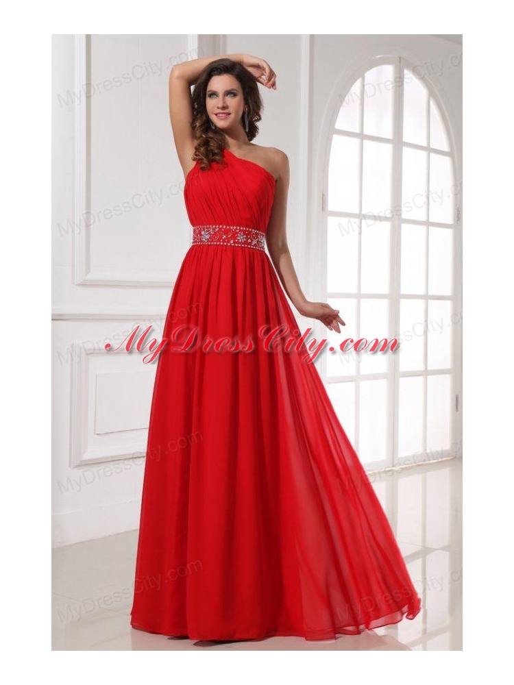 Red One Shoulder Beaded Decorate Waist Floor-length Prom Dress