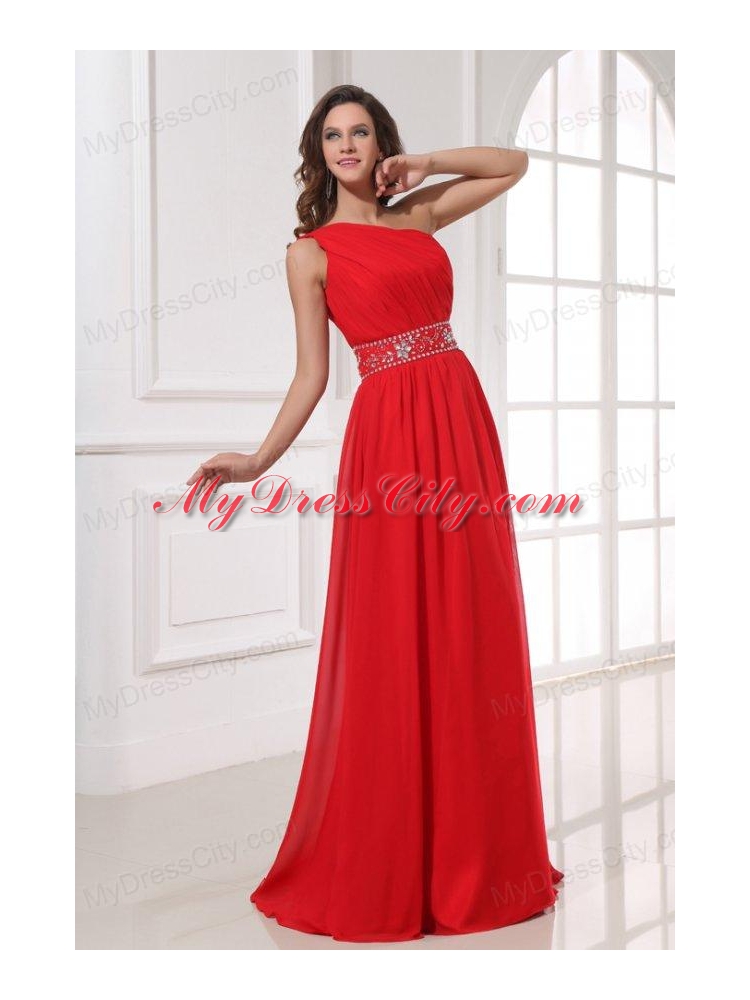 Red One Shoulder Beaded Decorate Waist Floor-length Prom Dress