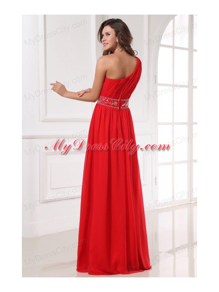 Red One Shoulder Beaded Decorate Waist Floor-length Prom Dress