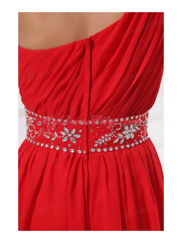 Red One Shoulder Beaded Decorate Waist Floor-length Prom Dress