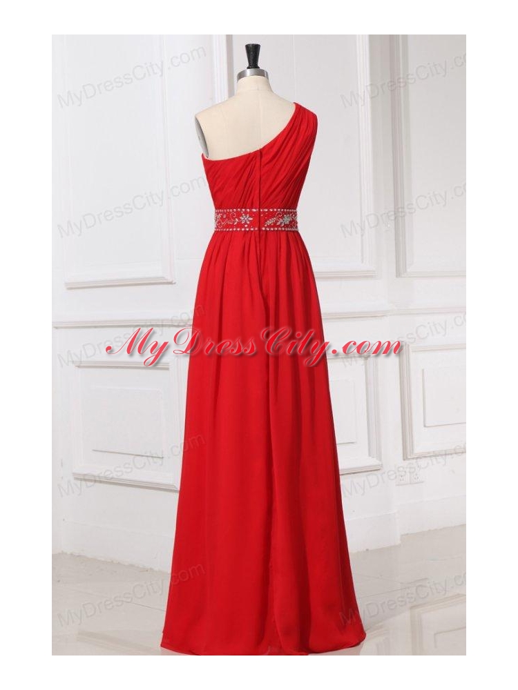 Red One Shoulder Beaded Decorate Waist Floor-length Prom Dress