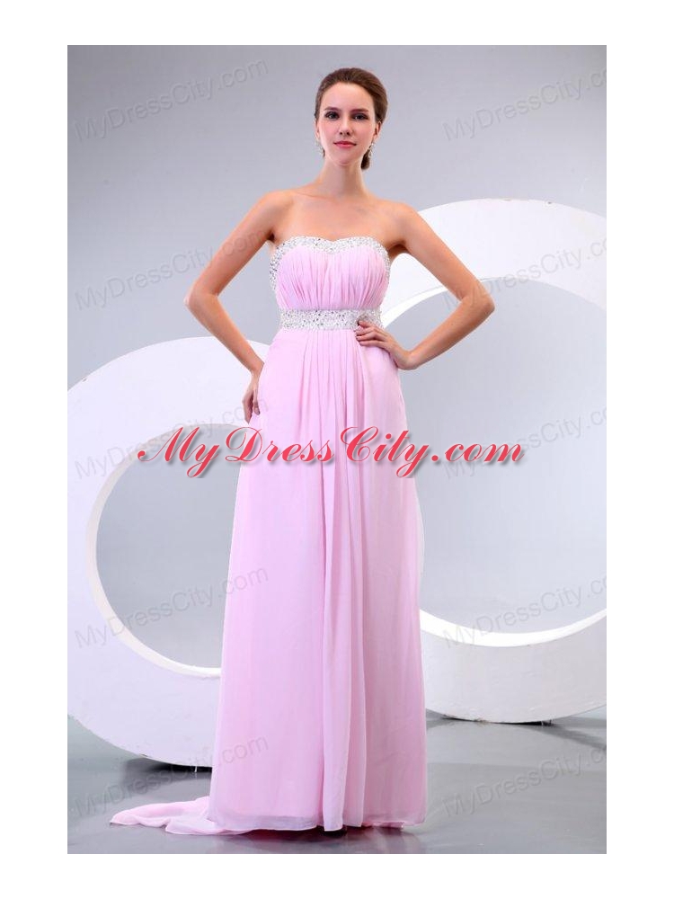 Sweetheart Empire Chiffon Sweep Train Baby Pink Prom Dress with Beading