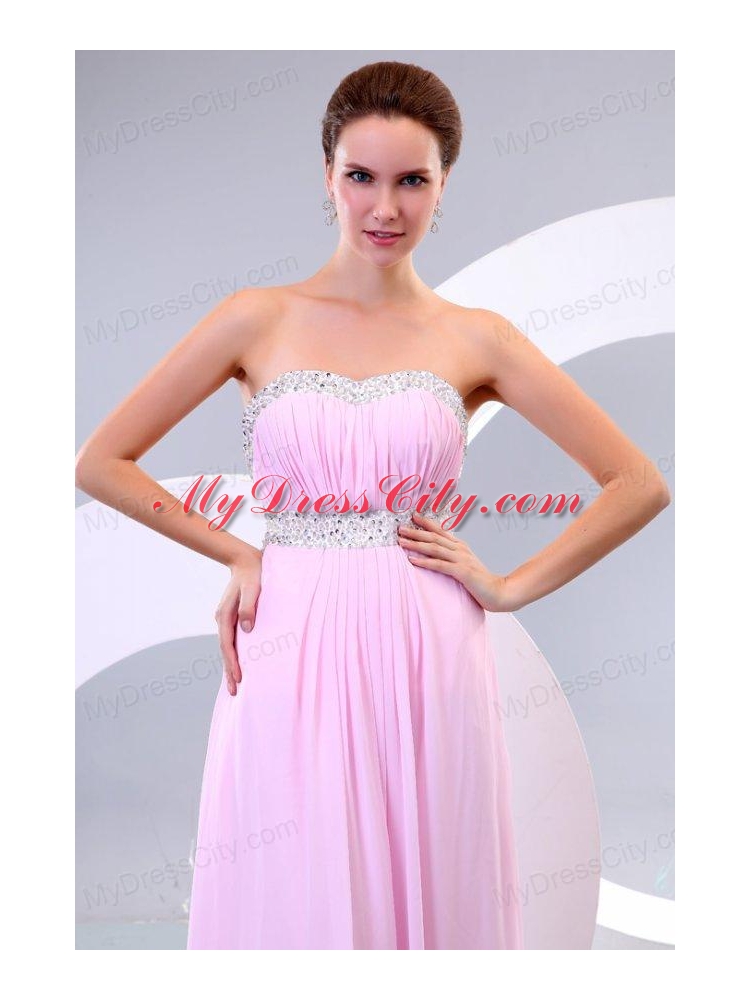 Sweetheart Empire Chiffon Sweep Train Baby Pink Prom Dress with Beading