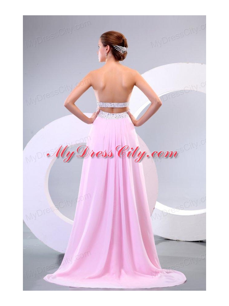 Sweetheart Empire Chiffon Sweep Train Baby Pink Prom Dress with Beading