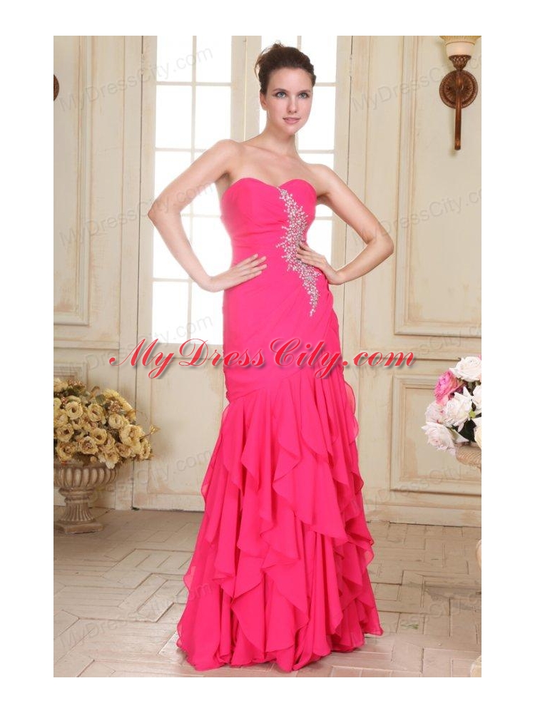 Sweetheart Floor-length Beaded Decorate Hot Pink Prom Dress in Chiffon