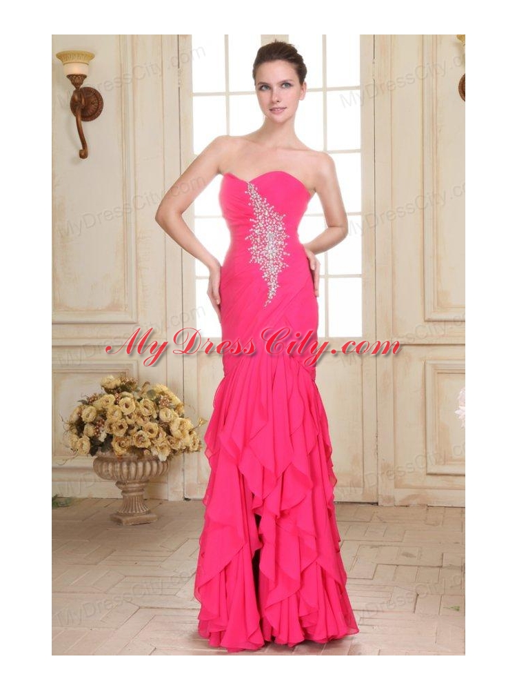 Sweetheart Floor-length Beaded Decorate Hot Pink Prom Dress in Chiffon