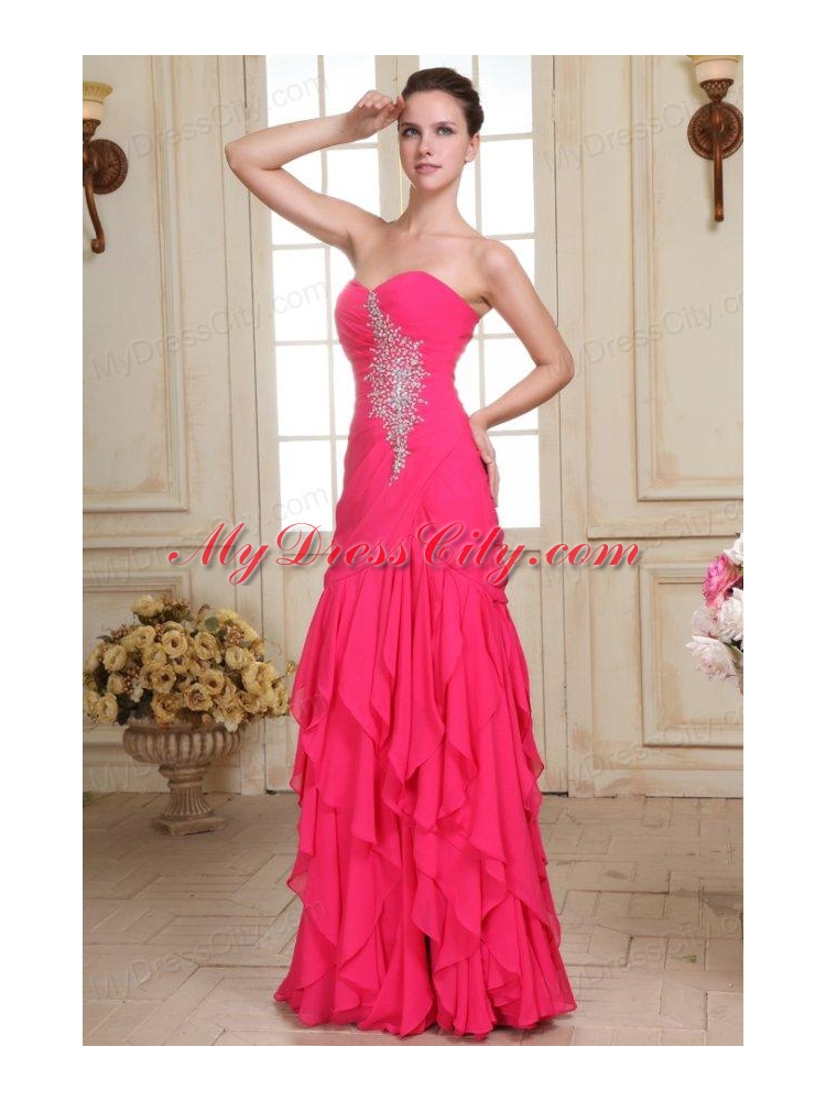 Sweetheart Floor-length Beaded Decorate Hot Pink Prom Dress in Chiffon