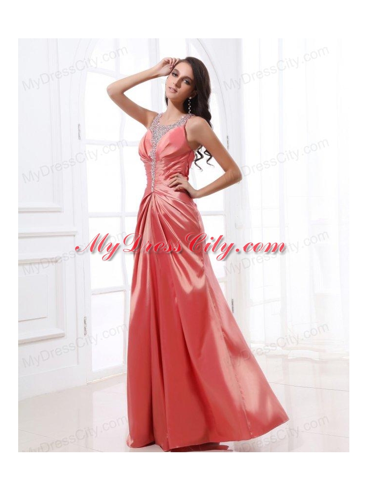 Watermelon Column Beading Square Floor-length Prom Dress