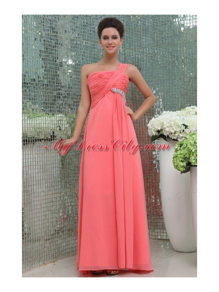 Watermelon Red One Shoulder Ruching Beading Floor-length Prom Dress