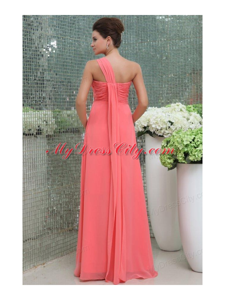 Watermelon Red One Shoulder Ruching Beading Floor-length Prom Dress