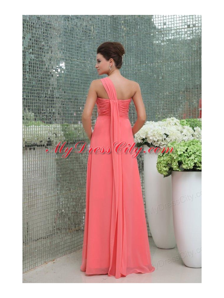 Watermelon Red One Shoulder Ruching Beading Floor-length Prom Dress