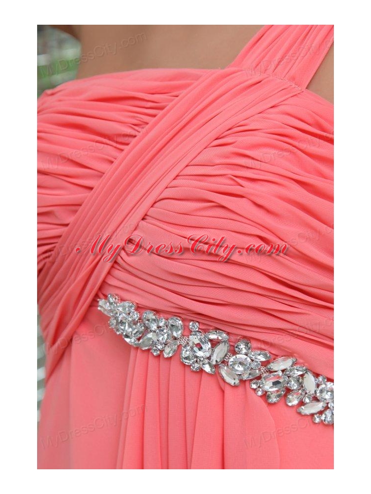 Watermelon Red One Shoulder Ruching Beading Floor-length Prom Dress