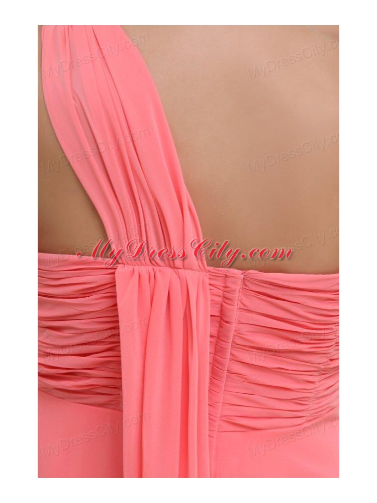 Watermelon Red One Shoulder Ruching Beading Floor-length Prom Dress