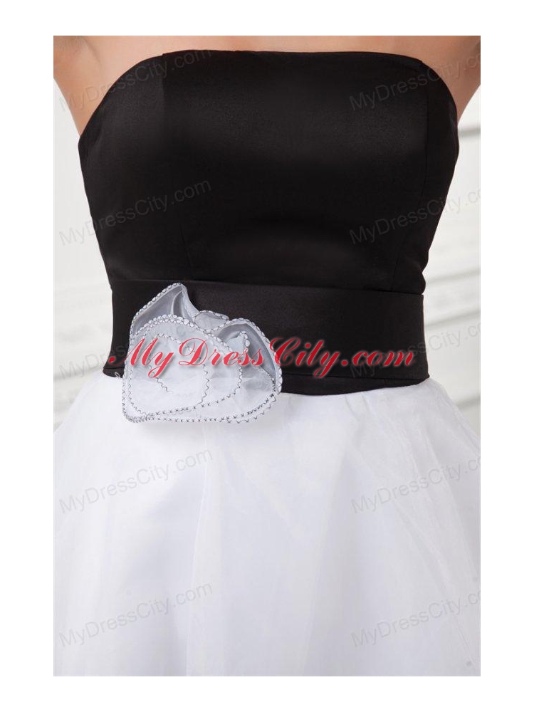 White and Black A-line Strapless Mini-length Organza Prom Dress with Ruffled Layers