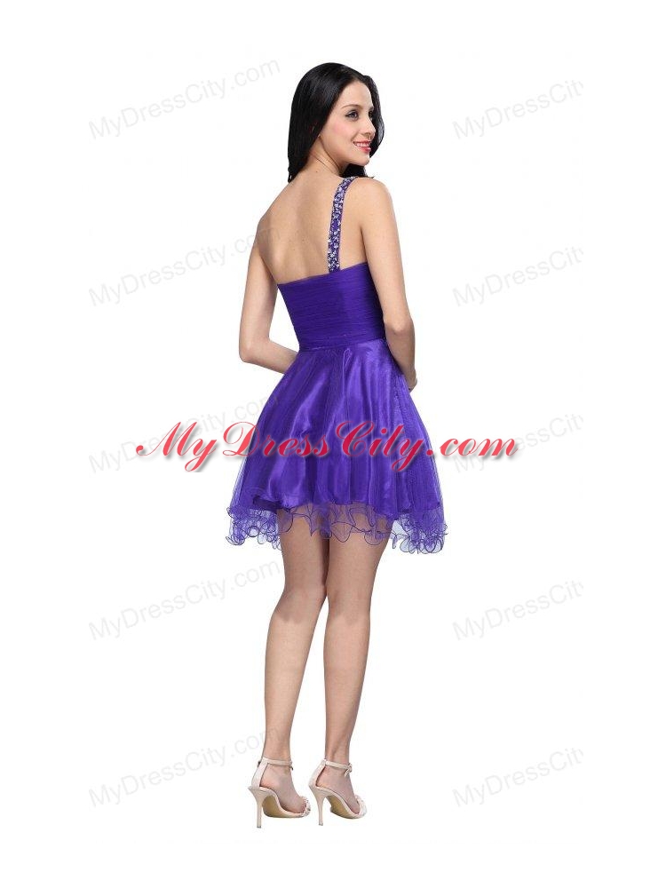 A-line Purple One Shoulder Beading Tulle Prom Dress